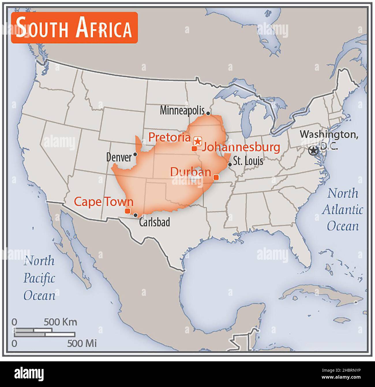 Mappa del Sud Africa. Confronto delle aree di due paesi. L'area del Sudafrica con le città più grandi (rosso) si sovrappone all'area degli Stati Uniti d'America (sfondo grigio) ca. 17 febbraio 2014 Foto Stock