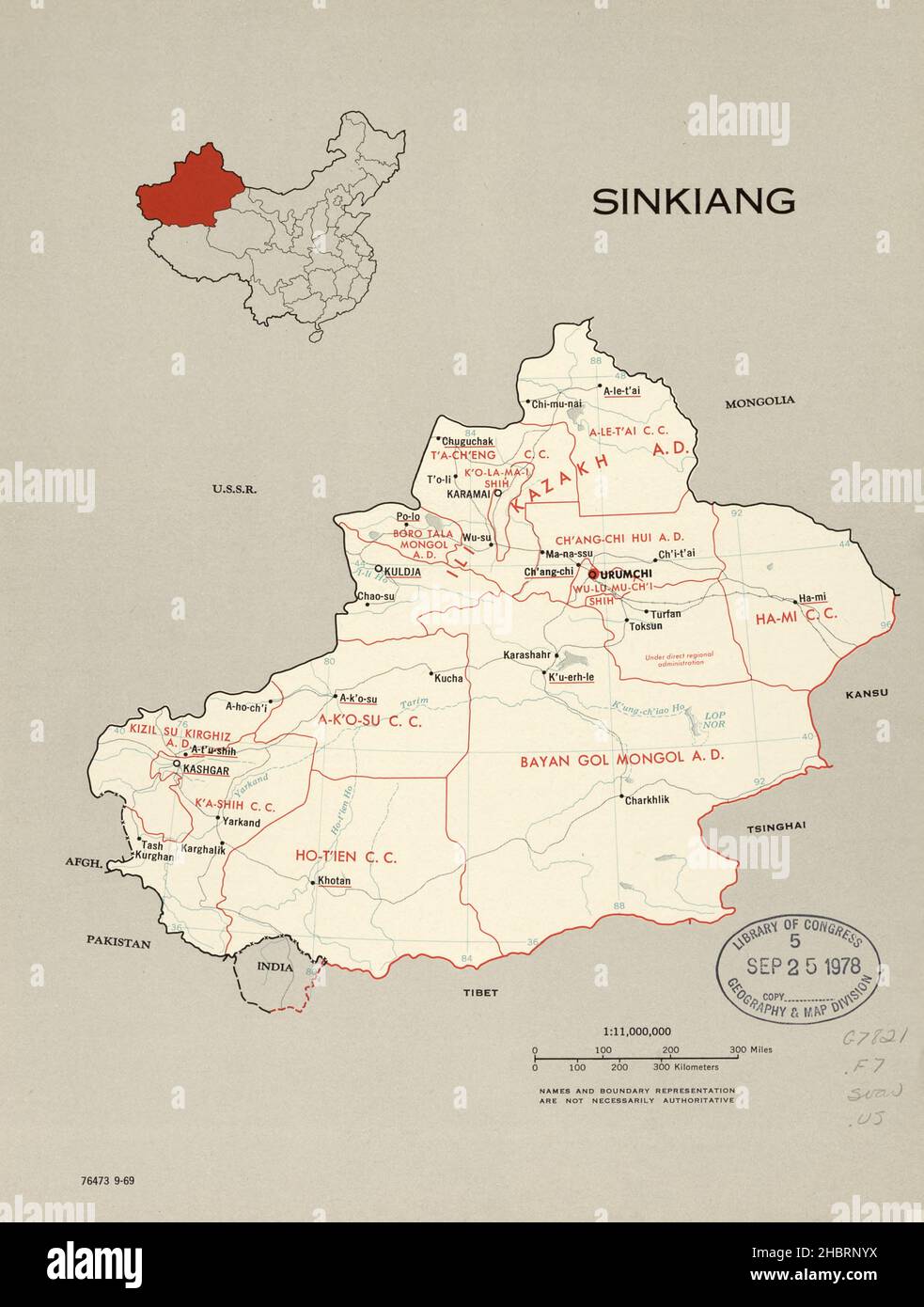 Mappa delle divisioni amministrative della Cina ca. 1969 Foto Stock