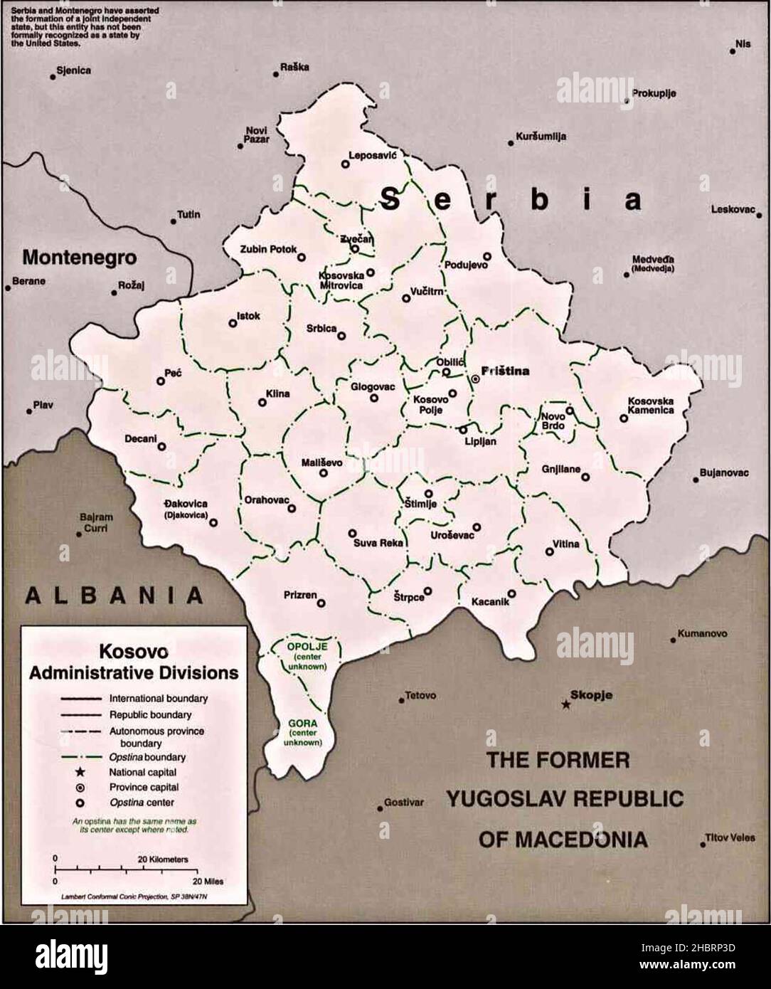 Mappa delle divisioni amministrative del Kosovo, 1998 Foto Stock