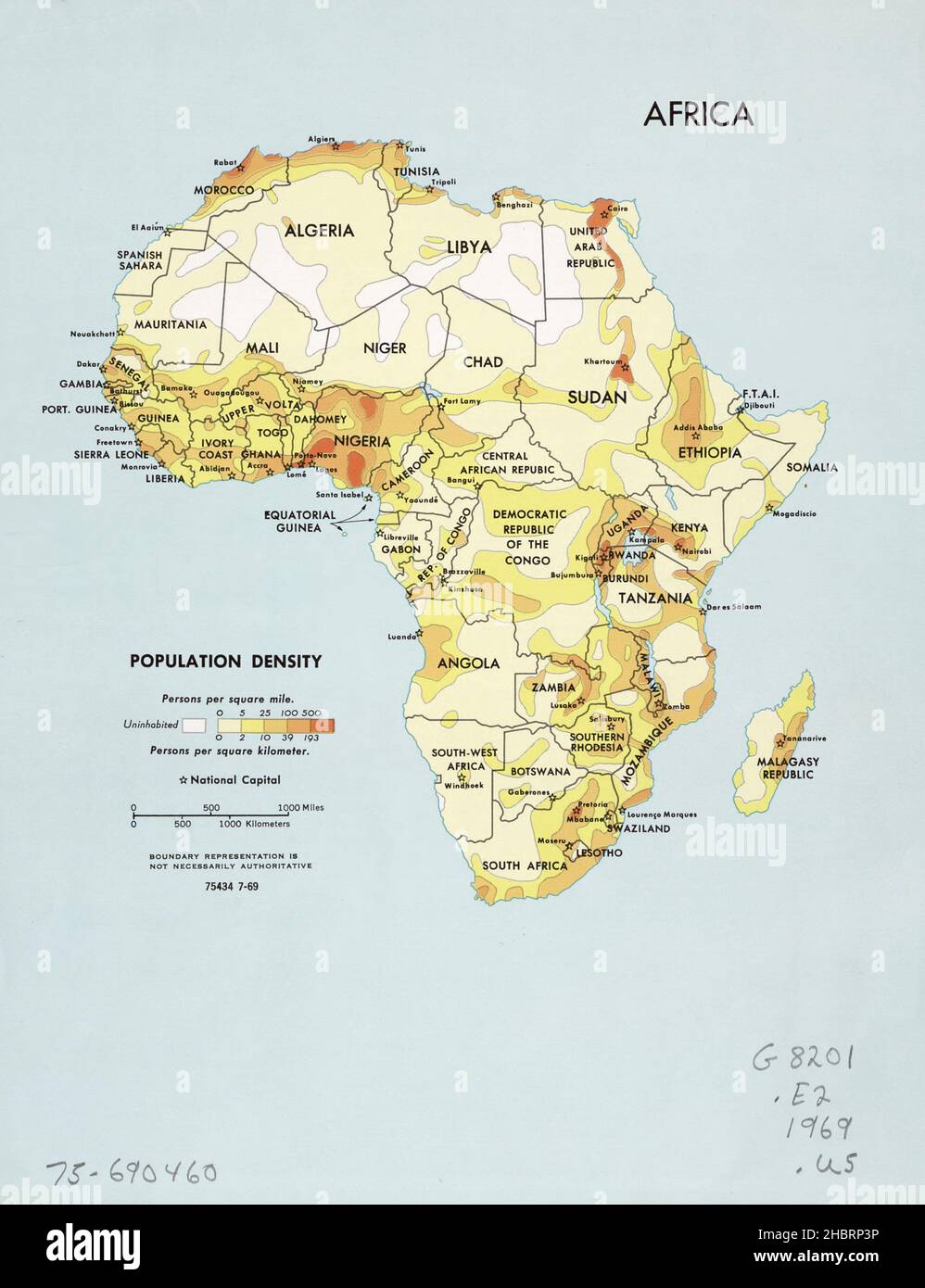 Africa densità di popolazione mappa ca. 1969 Foto Stock