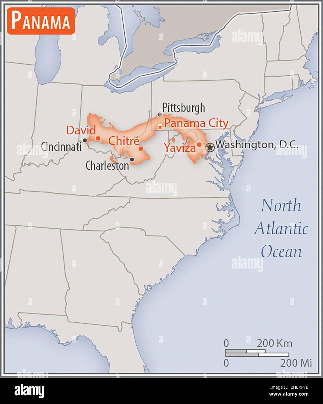 Mappa di Panama. Confronto delle aree di due paesi. L'area di Panama con le città più grandi (rosso) sovrappone l'area degli Stati Uniti d'America (sfondo grigio) ca. 17 febbraio 2014 Foto Stock