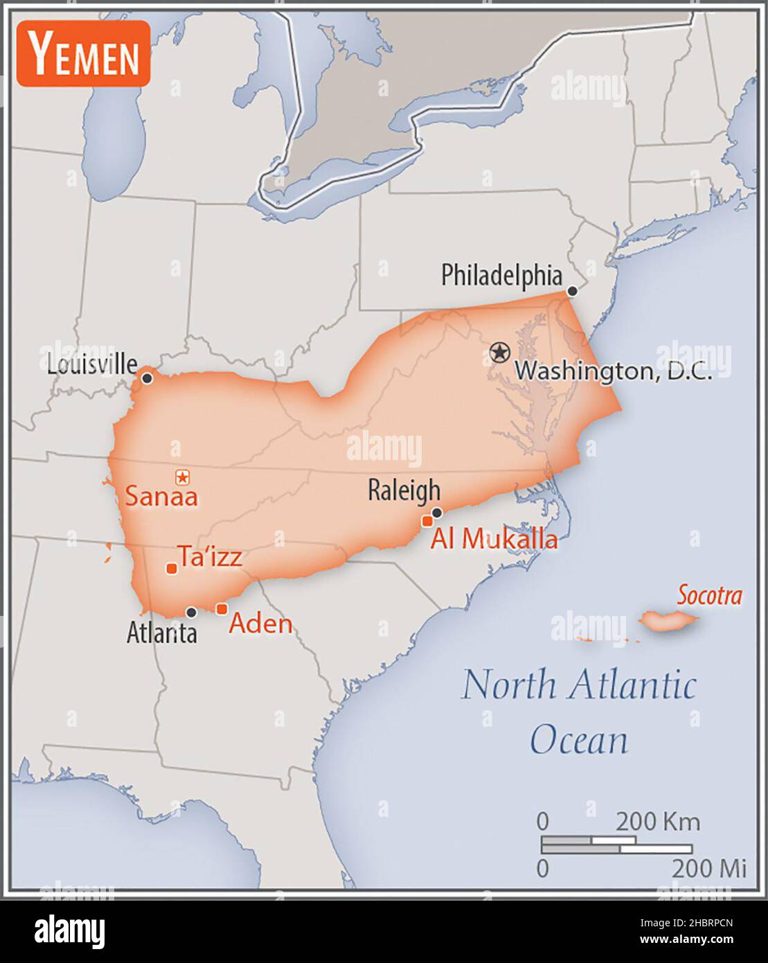 Mappa dello Yemen. Confronto delle aree di due paesi. L'area dello Yemen con le città più grandi (rosso) si sovrappone all'area degli Stati Uniti d'America (sfondo grigio) ca. 17 febbraio 2014 Foto Stock