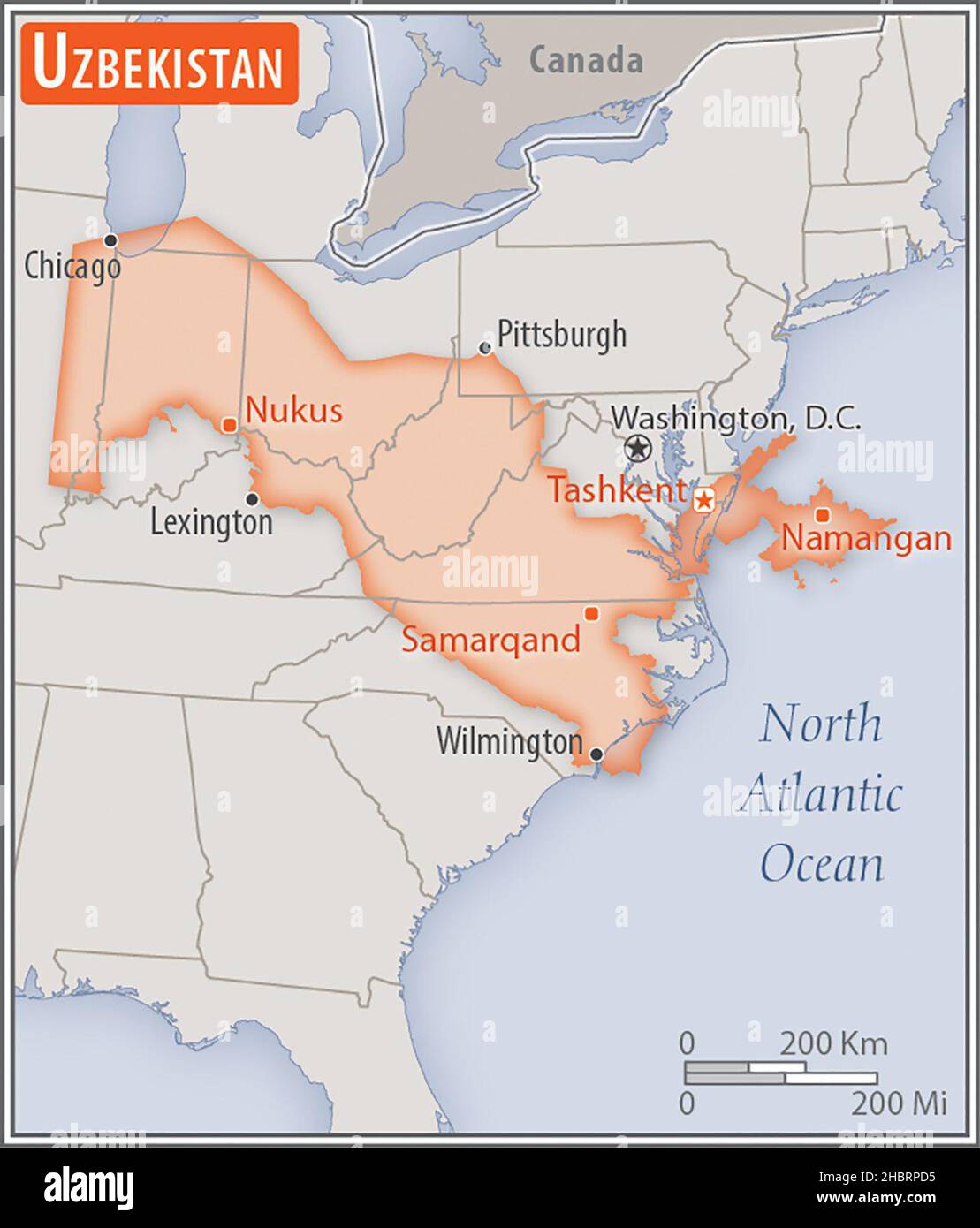 Mappa di Uzbekistan. Confronto delle aree di due paesi. L'area dell'Uzbekistan con le città più grandi (rosso) si sovrappone all'area degli Stati Uniti d'America (sfondo grigio) ca. 17 febbraio 2014 Foto Stock
