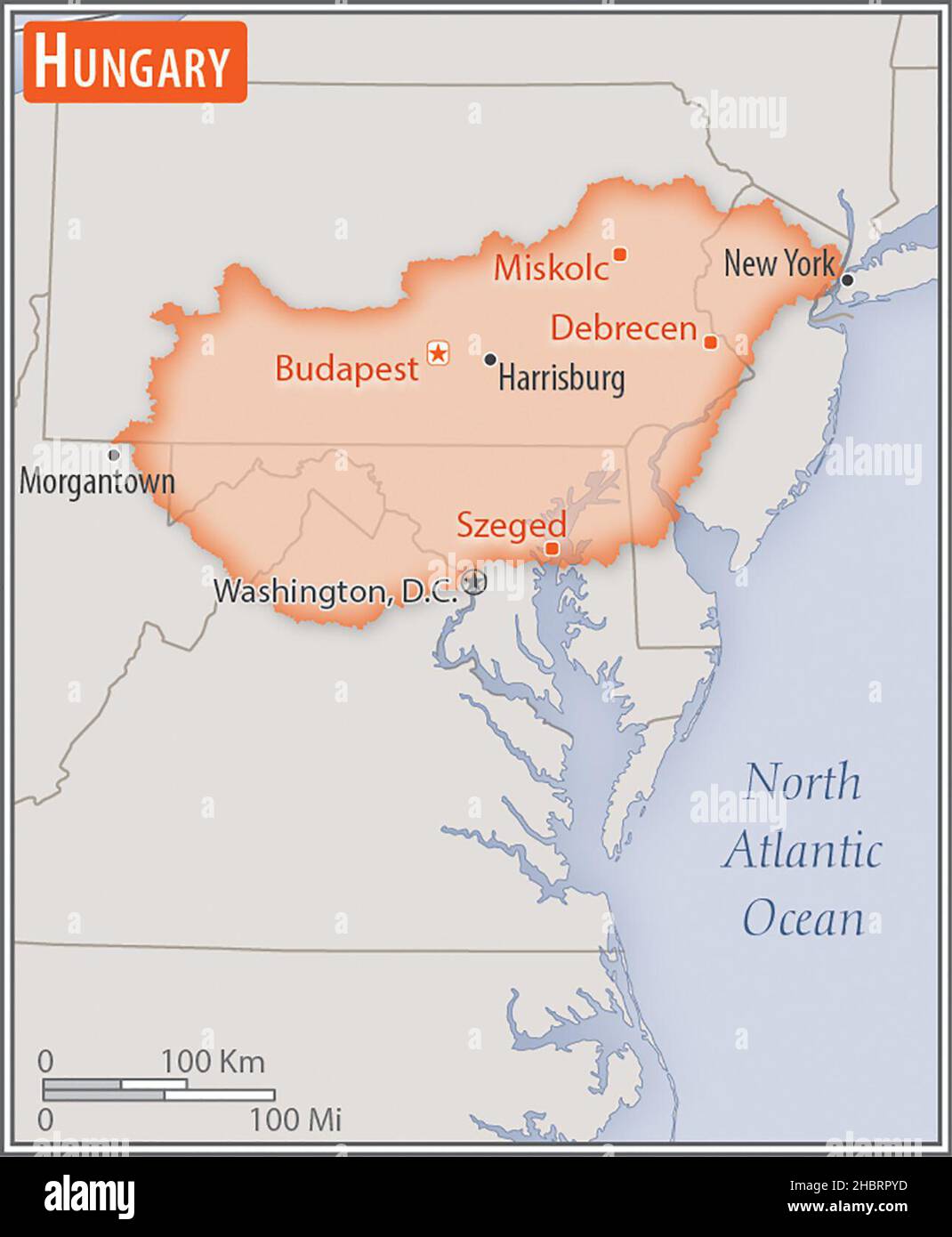Mappa dell'Ungheria. Confronto delle aree di due paesi. L'area dell'Ungheria con le città più grandi (rossa) si sovrappone all'area degli Stati Uniti d'America (sfondo grigio) ca. 17 febbraio 2014 Foto Stock