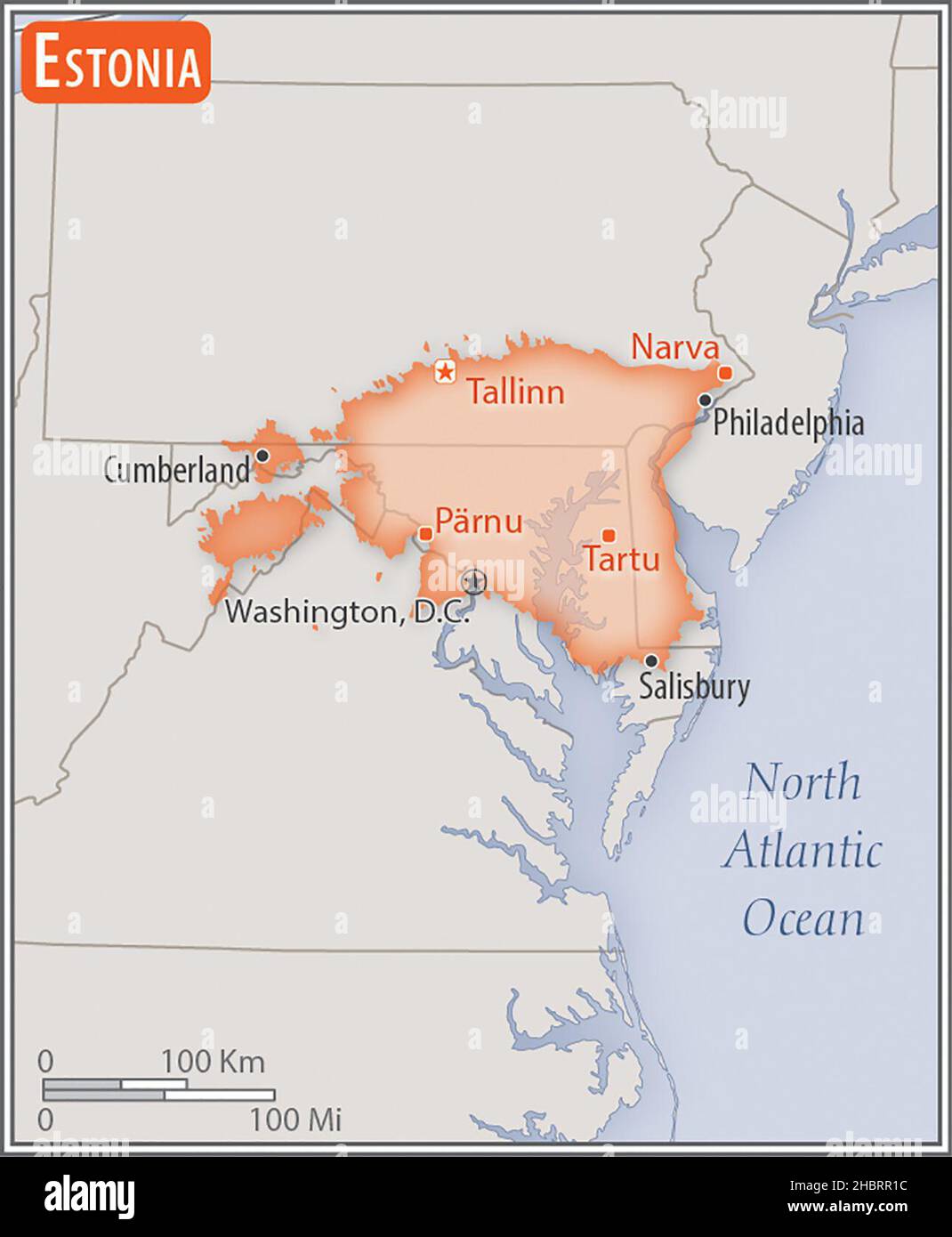 Mappa dell'Estonia. Confronto delle aree di due paesi. L'area dell'Estonia con le città più grandi (rossa) si sovrappone all'area degli Stati Uniti d'America (sfondo grigio) ca. 17 febbraio 2014 Foto Stock