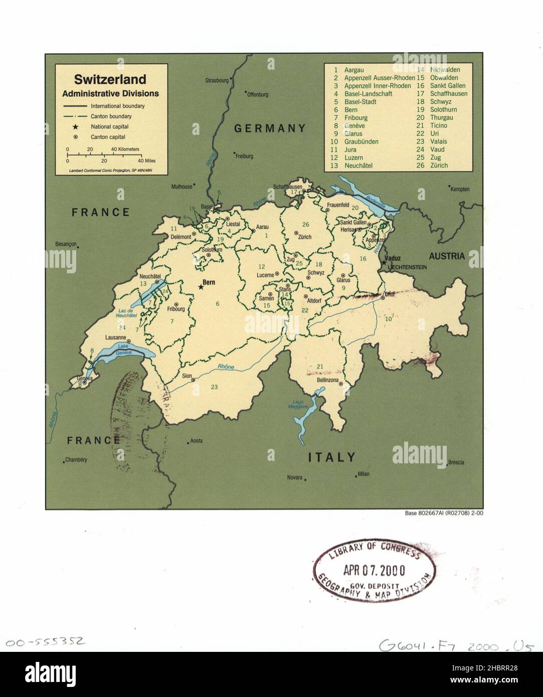 Carta delle divisioni amministrative della Svizzera ca. 2000 Foto Stock