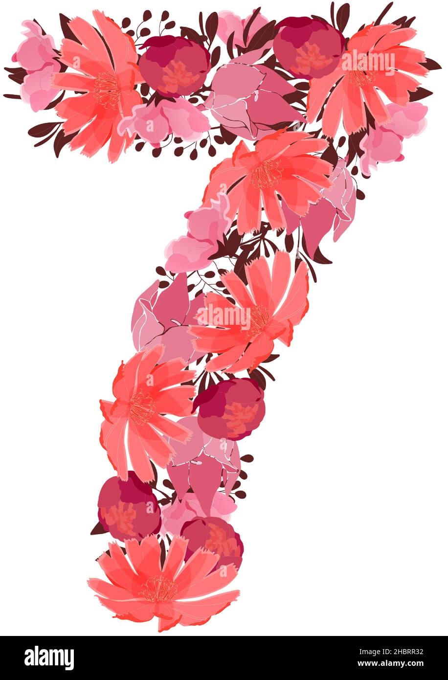 Vettore fiore numero 7. Carattere botanico, figura. Rosa, maroon, corallo colore fiori. Illustrazione Vettoriale