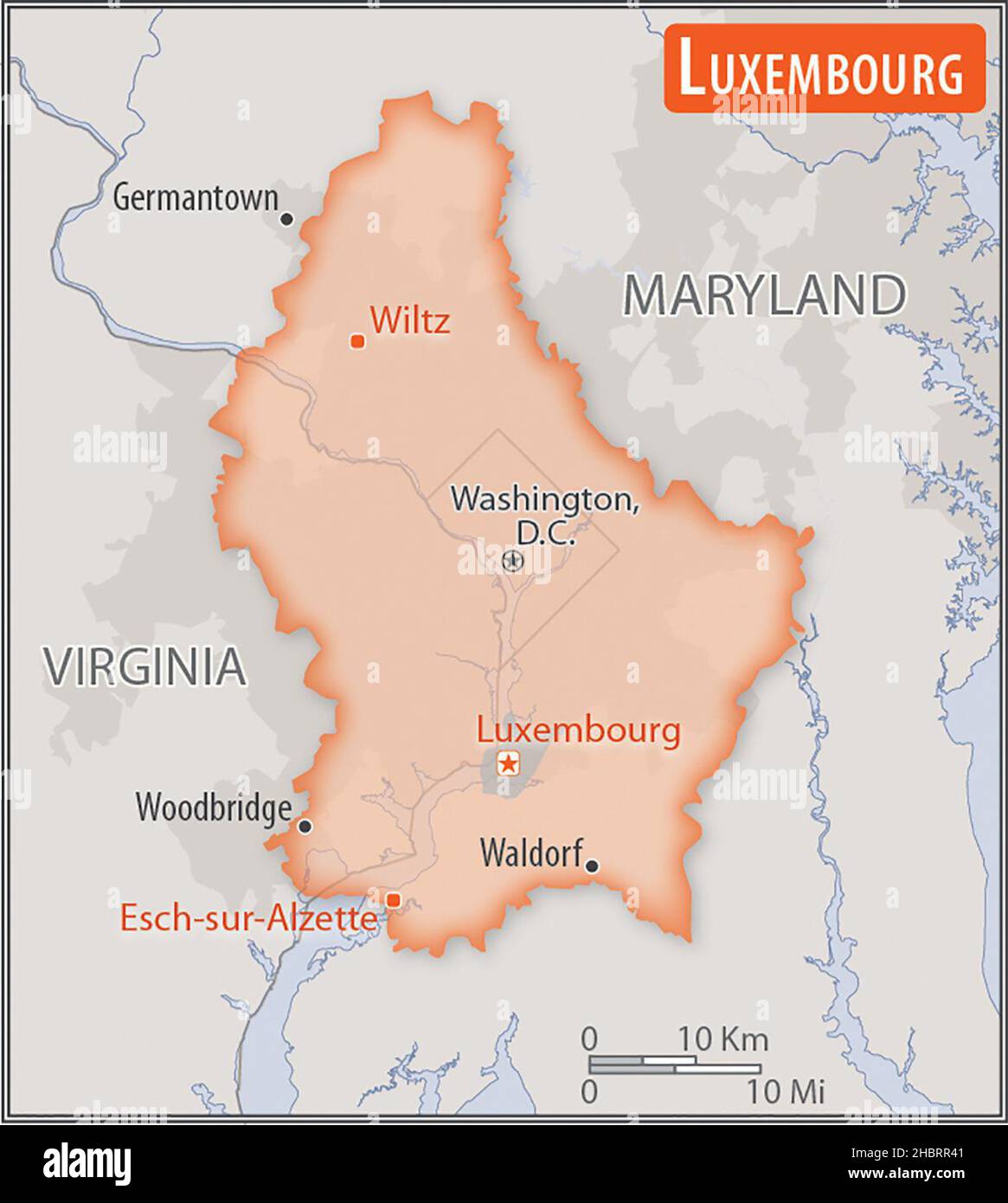 Mappa di Lussemburgo. Confronto delle aree di due paesi. L'area del Lussemburgo con le città più grandi (rosso) si sovrappone all'area degli Stati Uniti d'America (sfondo grigio) ca. 17 febbraio 2017 Foto Stock