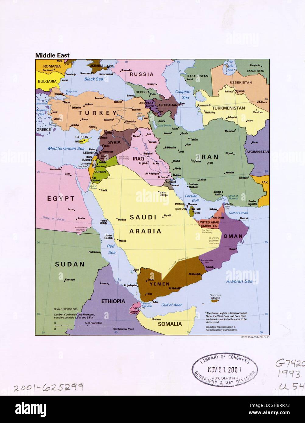 Mappa del Medio Oriente ca. 1993 Foto Stock