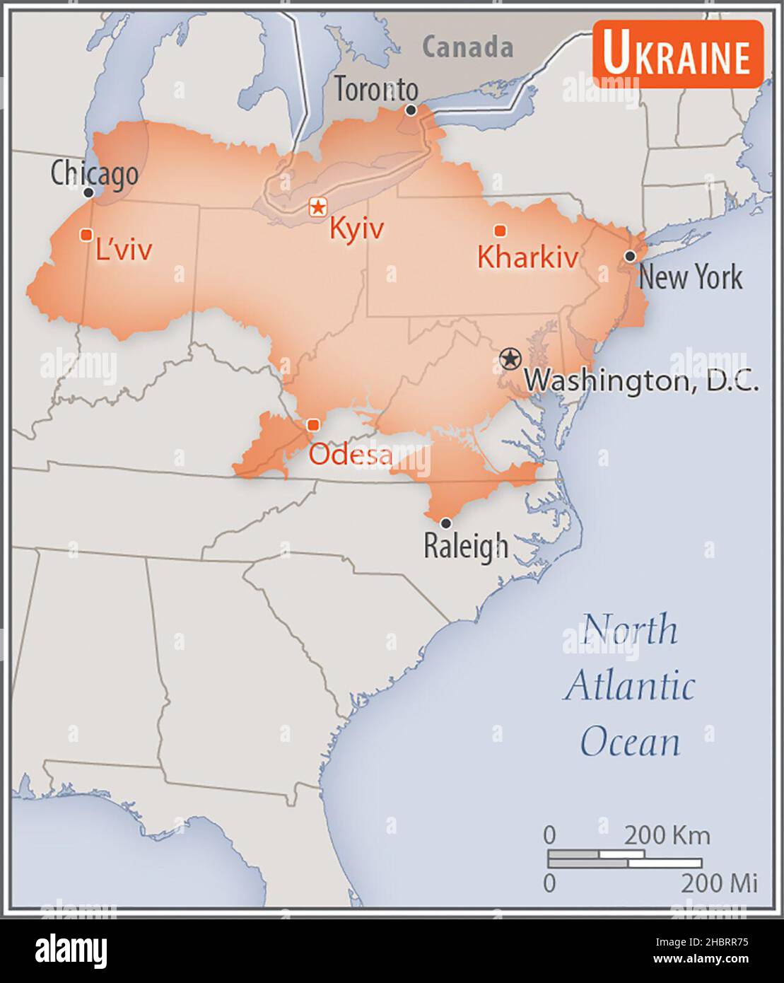 Mappa dell'Ucraina. Confronto delle aree di due paesi. L'area dell'Ucraina con le città più grandi (rossa) si sovrappone all'area degli Stati Uniti d'America (sfondo grigio). CA. 17 febbraio 2014 Foto Stock