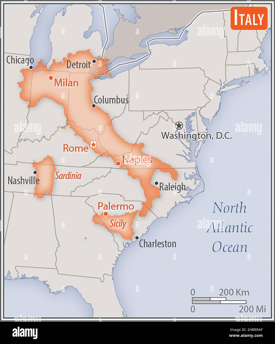 Mappa d'Italia. Confronto delle aree di due paesi. L'area dell'Italia con le città più grandi (rossa) si sovrappone all'area degli Stati Uniti d'America (sfondo grigio) ca. 17 febbraio 2014 Foto Stock