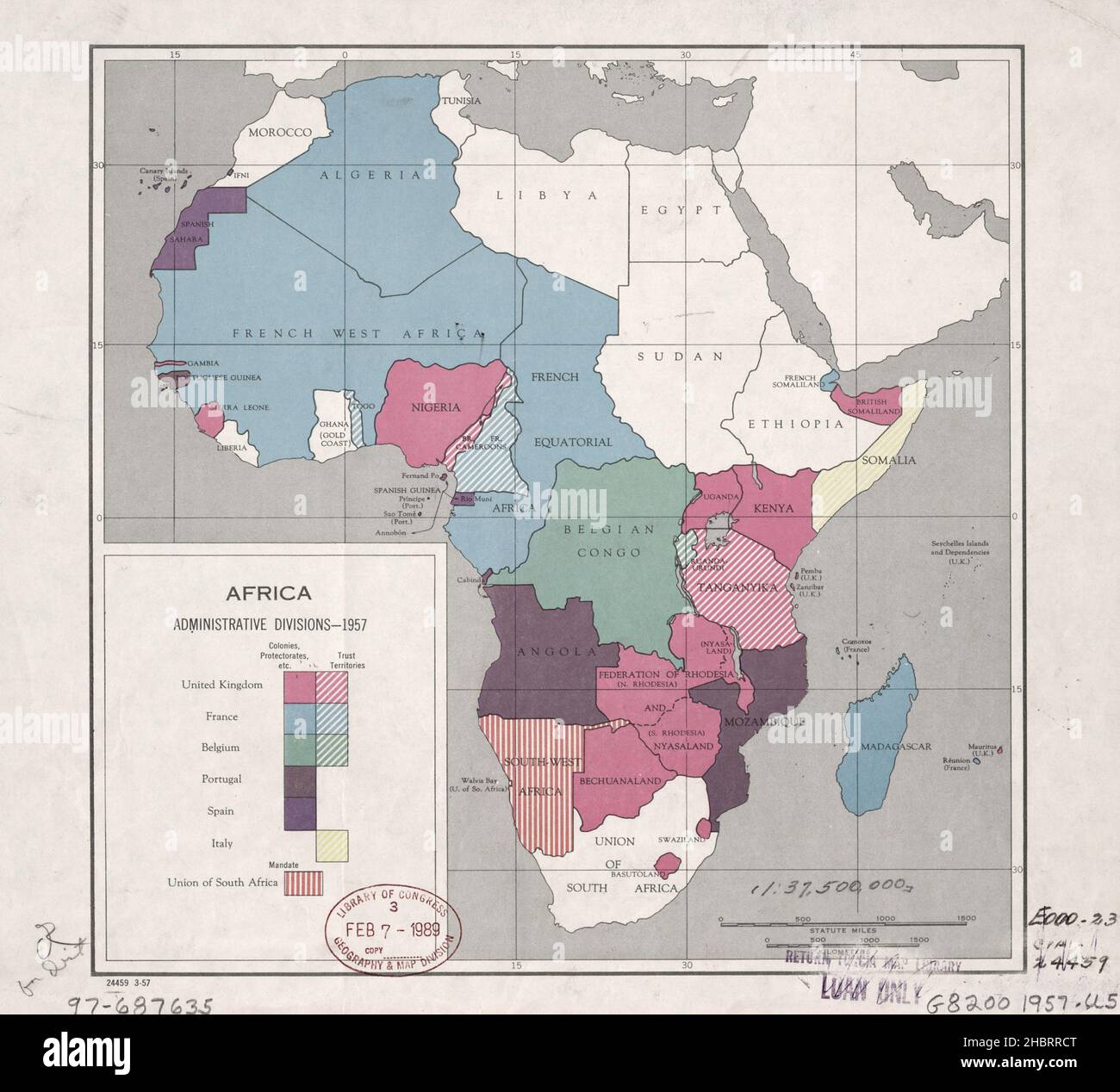Carta delle divisioni amministrative dell'Africa ca. 1957 Foto Stock
