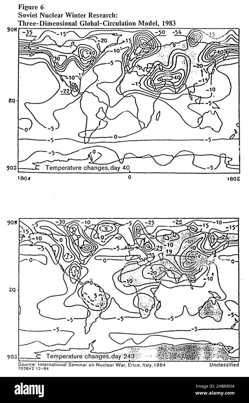 Mappe CIA che mostrano le variazioni globali della temperatura dopo un inverno nucleare. Top mostra giorno 40, bottom mostra giorno 243 dopo la centrale nucleare ca. Dicembre 1984 Foto Stock