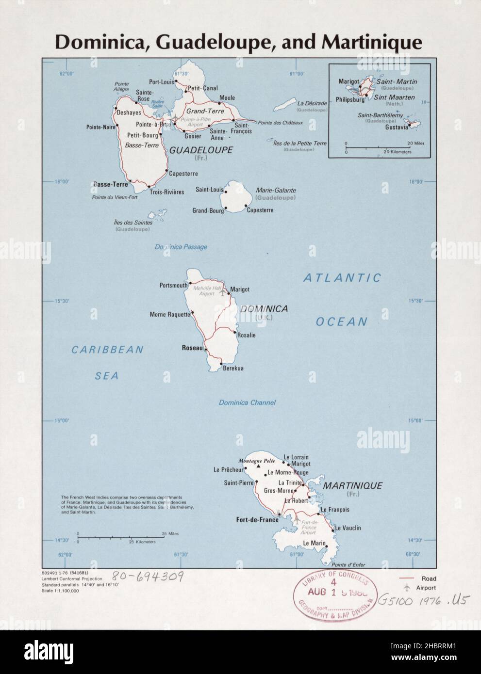 Mappa di Dominica, Guadalupe, e Martinica ca. 1972 Foto Stock