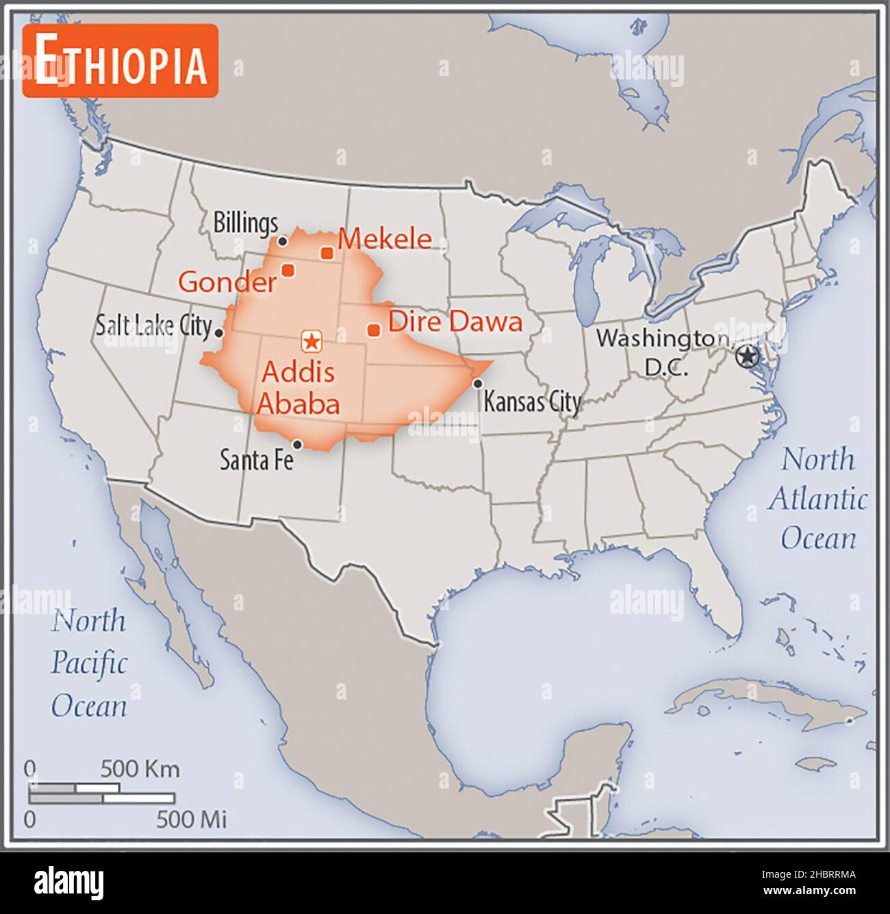 Mappa di Etiopia. Confronto delle aree di due paesi. L'area dell'Etiopia con le città più grandi (rossa) si sovrappone all'area degli Stati Uniti d'America (sfondo grigio). CA. 17 febbraio 2014 Foto Stock