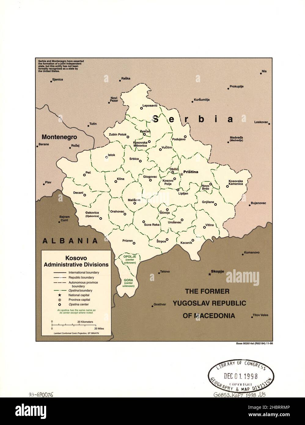 Mappa delle divisioni amministrative del Kosovo ca. 1998 Foto Stock