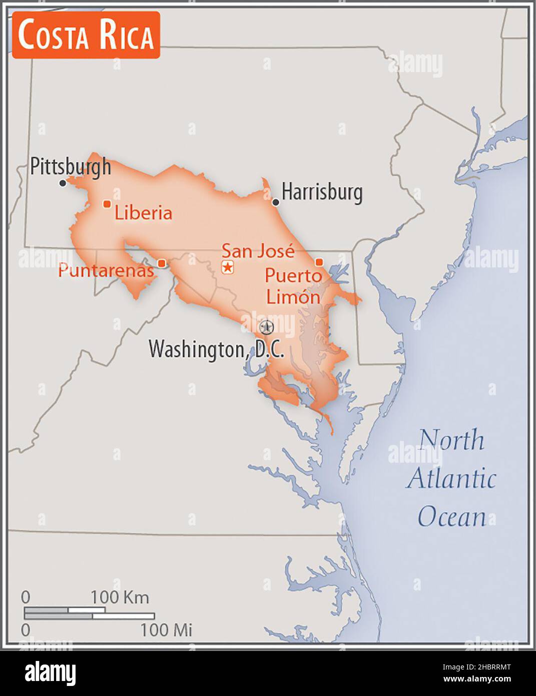 Mappa di Costa Rica. Confronto delle aree di due paesi. L'area del Costa Rica con le città più grandi (rosso) sovrappone l'area degli Stati Uniti d'America (sfondo grigio). CA. 17 febbraio 2017 Foto Stock
