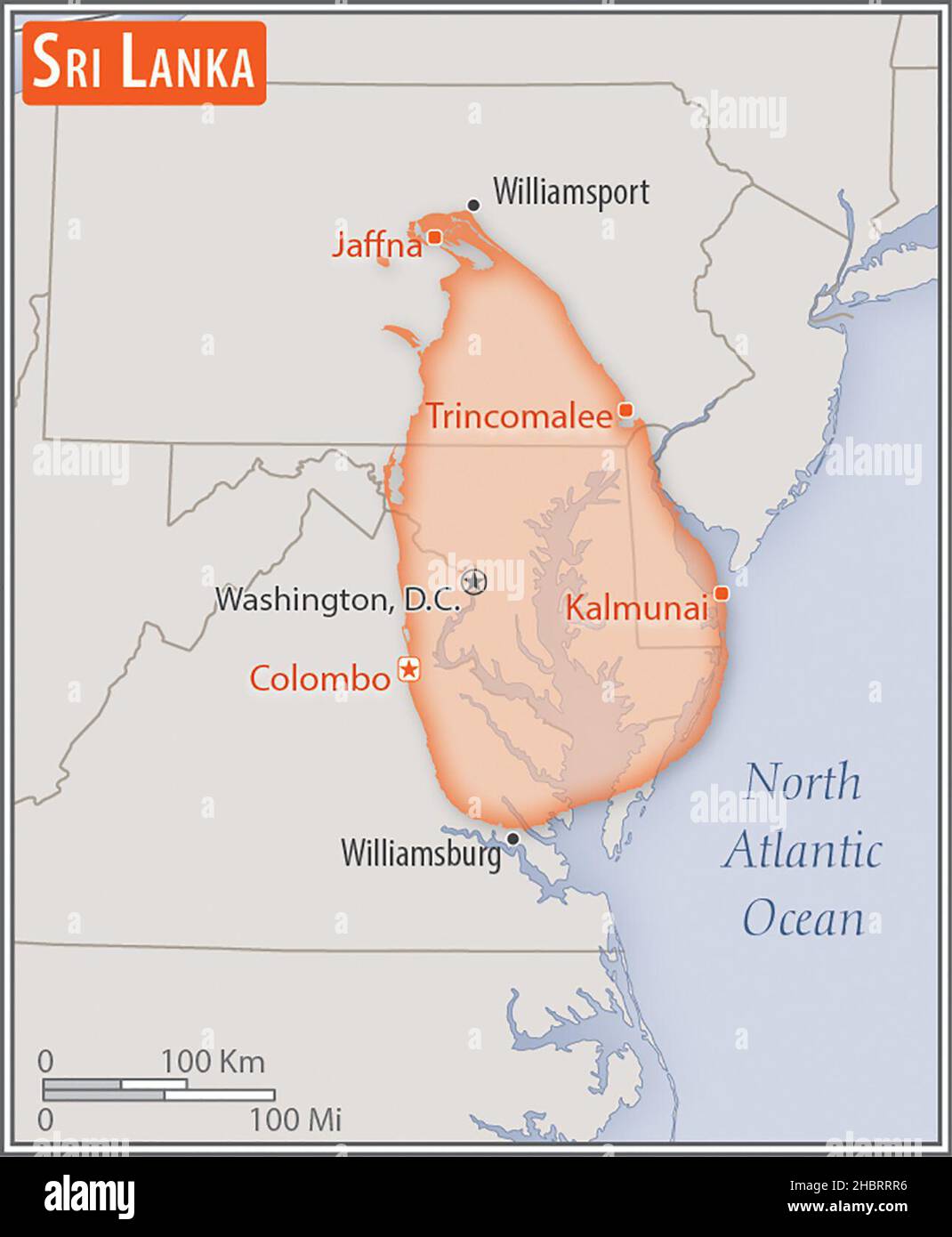 Mappa dello Sri Lanka. Confronto delle aree di due paesi. L'area dello Sri Lanka con le città più grandi (rosso) si sovrappone all'area degli Stati Uniti d'America (sfondo grigio). CA. 17 febbraio 2014 Foto Stock