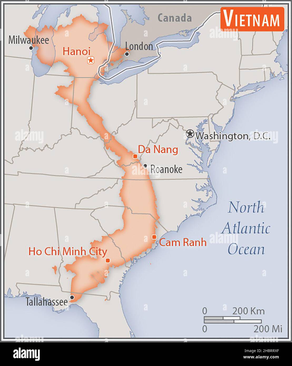 Mappa del Vietnam. Confronto delle aree di due paesi. L'area del Vietnam con le città più grandi (rosso) sovrappone l'area degli Stati Uniti d'America (sfondo grigio) ca. 17 febbraio 2014 Foto Stock