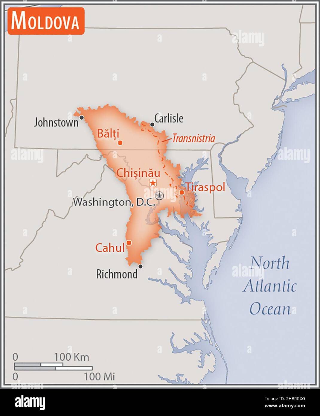 Mappa della Moldavia. Confronto delle aree di due paesi. L'area della Moldavia con le città più grandi (rossa) si sovrappone all'area degli Stati Uniti d'America (sfondo grigio) ca. 17 febbraio 2014 Foto Stock