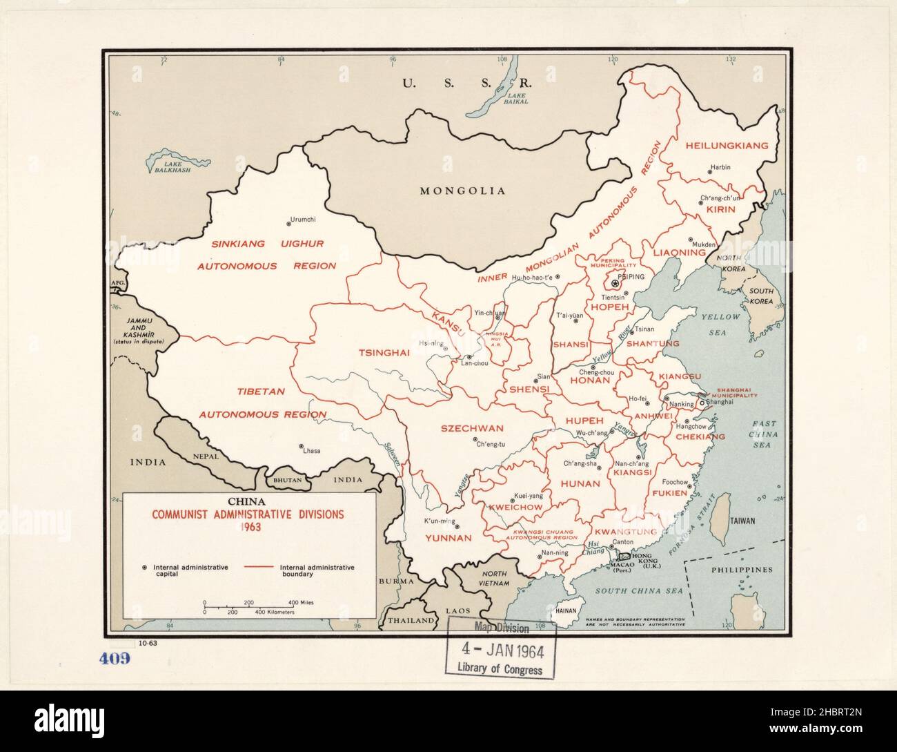 Mappa delle divisioni amministrative comuniste della Cina ca. 1963 Foto Stock