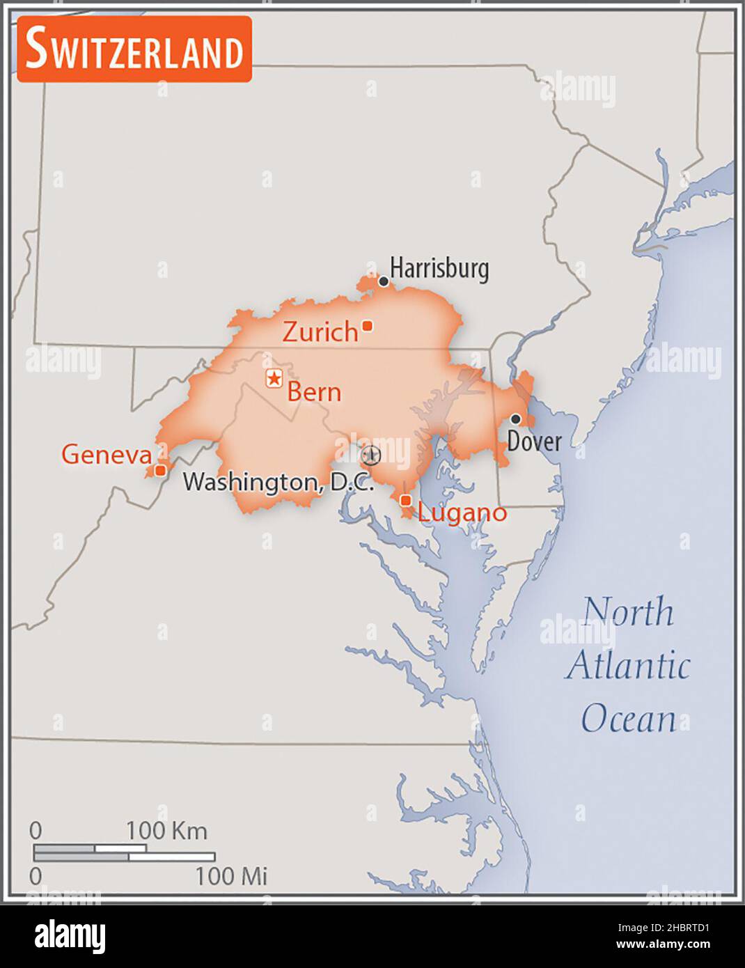 Mappa della Svizzera. Confronto delle aree di due paesi. L'area della Svizzera con le città più grandi (rossa) si sovrappone all'area degli Stati Uniti d'America (sfondo grigio) ca. 17 febbraio 2014 Foto Stock