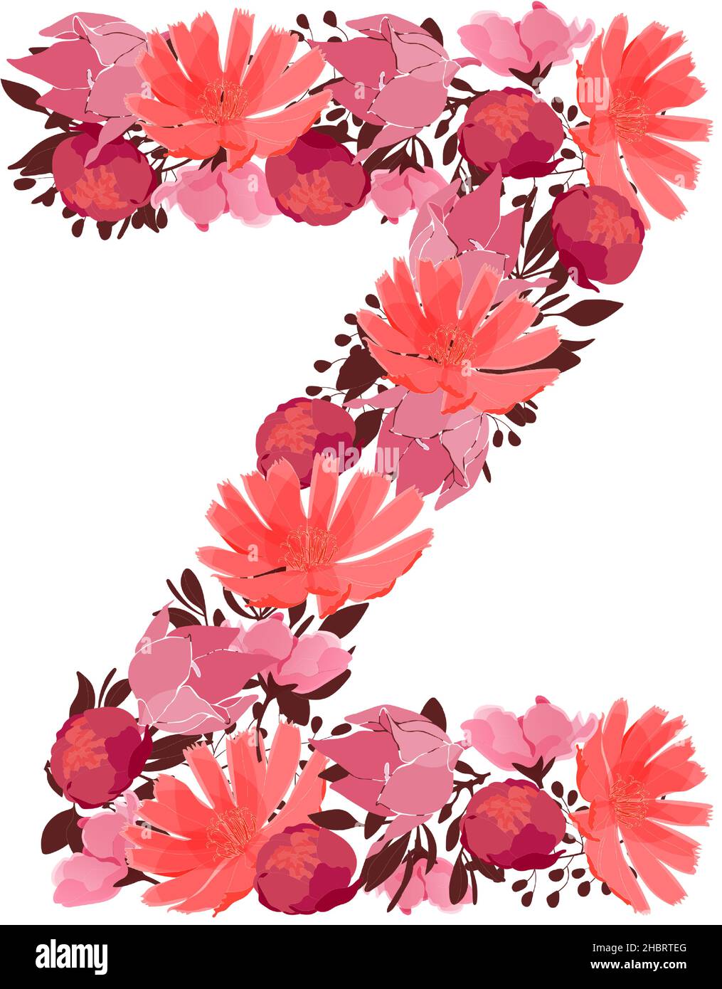 Lettera vettoriale floreale, carattere maiuscolo Z. monogramma botanico. Rosa, maroon, corallo fiori di colore a forma di una lettera grassetto. Illustrazione Vettoriale