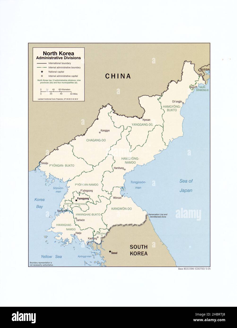 Mappa delle divisioni amministrative della Corea del Nord ca. 2005 Foto Stock