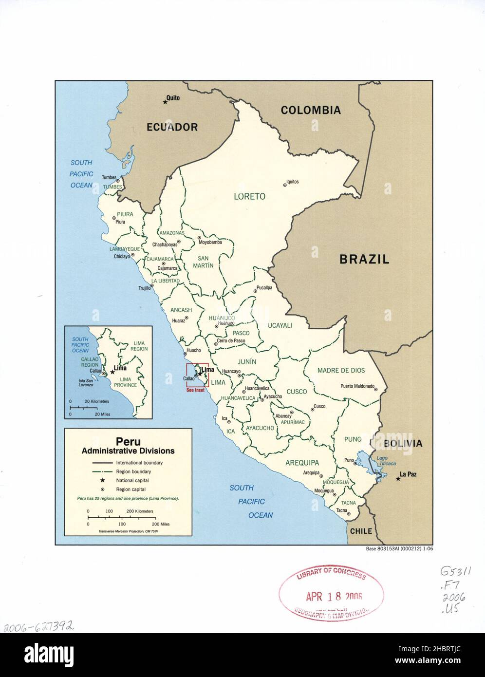 Mappa delle divisioni amministrative del Perù ca. 2006 Foto Stock