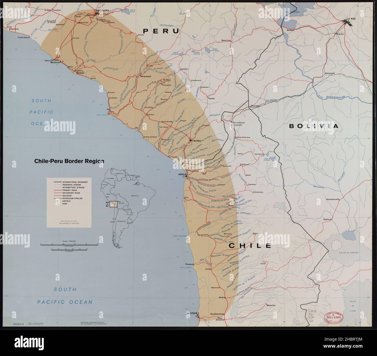 Mappa della regione di confine Cile-Perù ca. 1974 Foto Stock