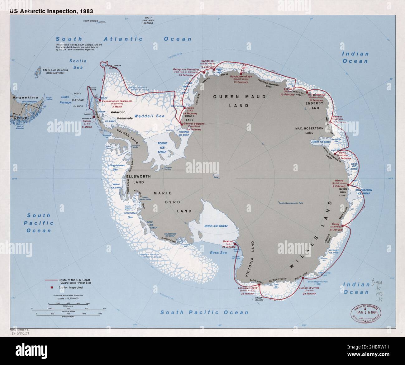 Mappa d'ispezione antartica - mostra il percorso della Guardia Costiera statunitense Polar Star e stazioni ispezionate ca. 1984 Foto Stock