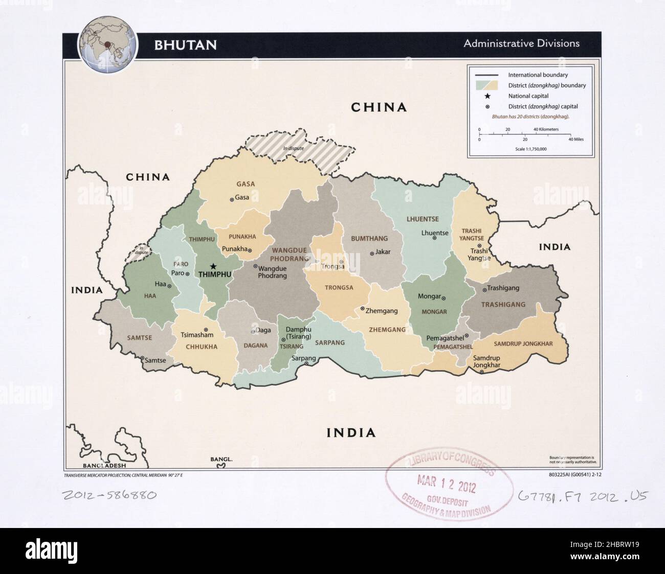Mappa delle divisioni amministrative del Bhutan ca. 2012 Foto Stock