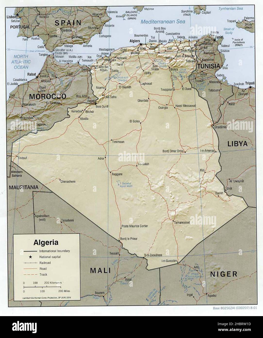 Mappa di rilievo ombreggiata di Algeria ca. 2001 Foto Stock