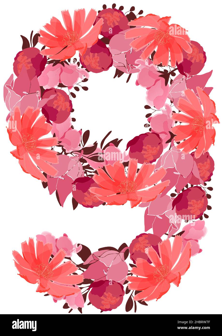 Vettore fiore numero 9. Carattere botanico, figura. Rosa, maroon, corallo colore fiori. Illustrazione Vettoriale