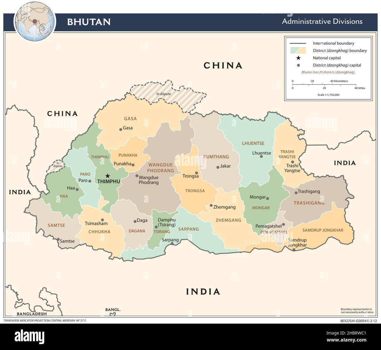 Mappa delle divisioni amministrative del Bhutan, 2012 Foto Stock