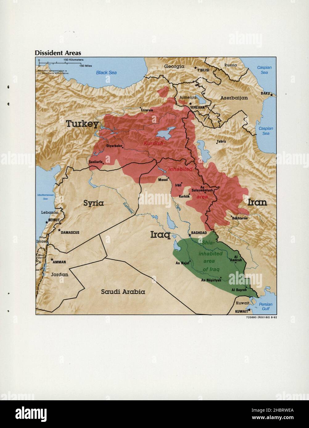 Mappa delle aree abitate curde di Turchia, Iran, Iraq, Armenia e Siria e sciiti aree abitate di Iraq ca. 1992 Foto Stock