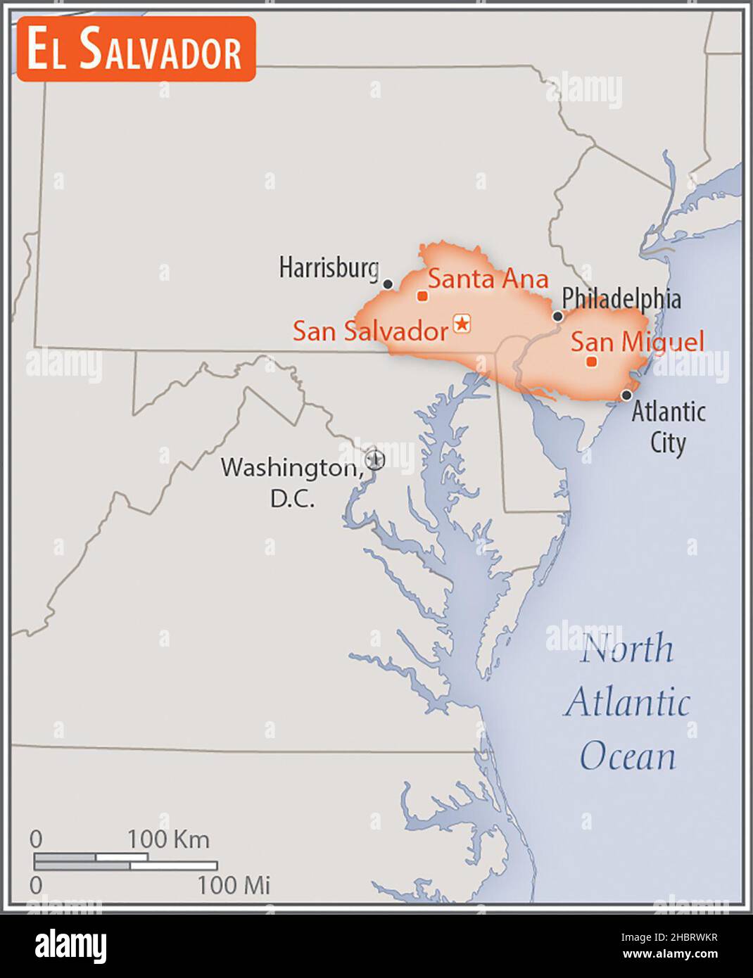 Mappa di El Salvador. Confronto delle aree di due paesi. L'area di El Salvador con le città più grandi (rosso) sovrappone l'area degli Stati Uniti d'America (sfondo grigio) ca. 17 febbraio 2014 Foto Stock