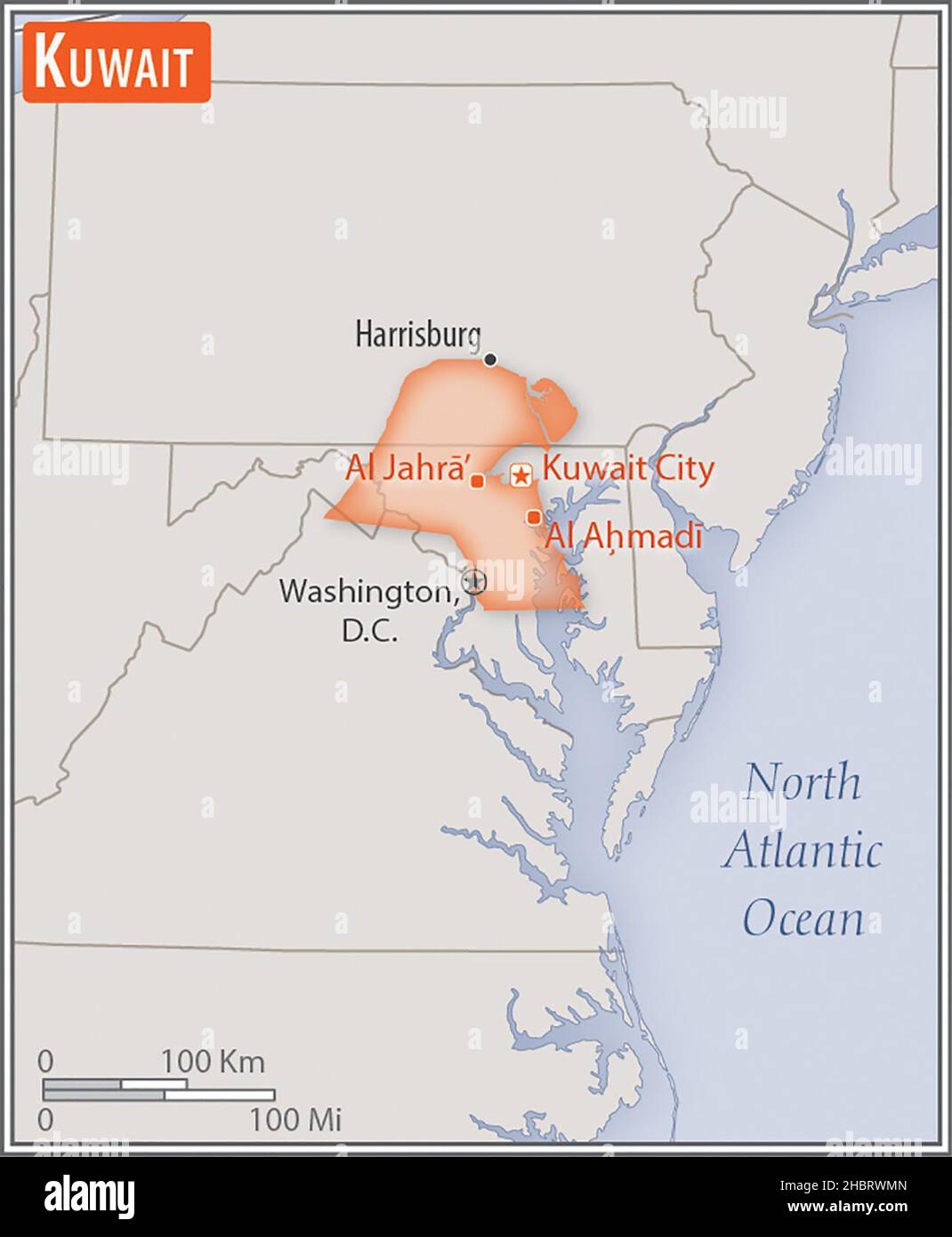 Mappa di Kuwait. Confronto delle aree di due paesi. L'area del Kuwait con le città più grandi (rosso) si sovrappone all'area degli Stati Uniti d'America (sfondo grigio) ca. 17 febbraio 2014 Foto Stock