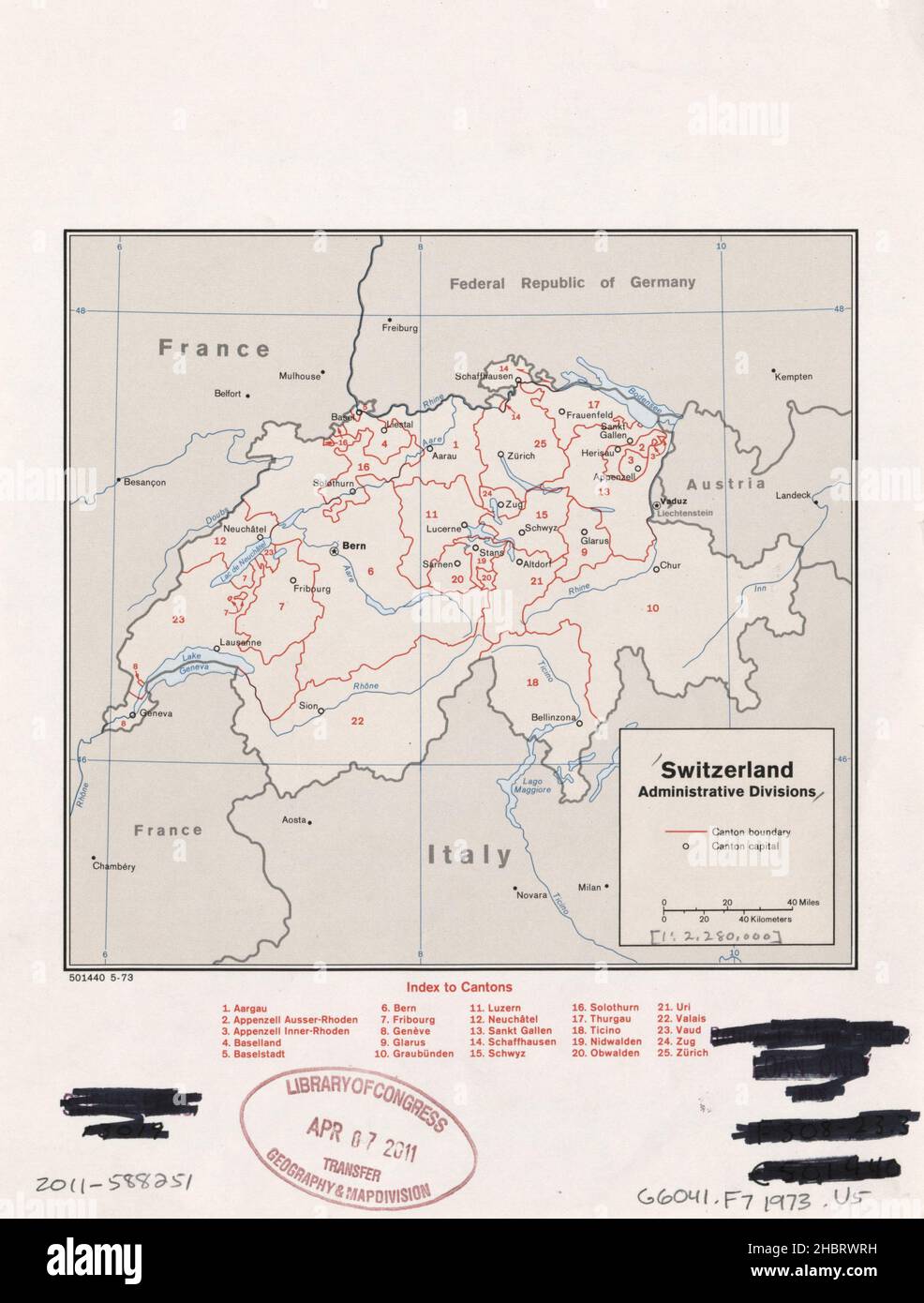 Carta delle divisioni amministrative della Svizzera ca. 1973 Foto Stock