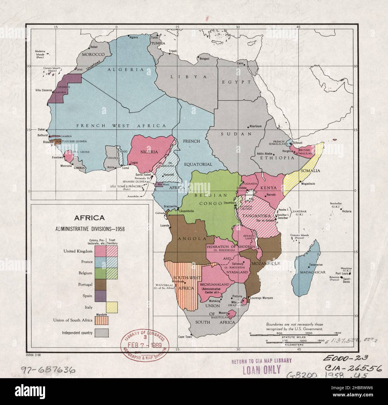 Carta delle divisioni amministrative dell'Africa ca. 1958 Foto Stock