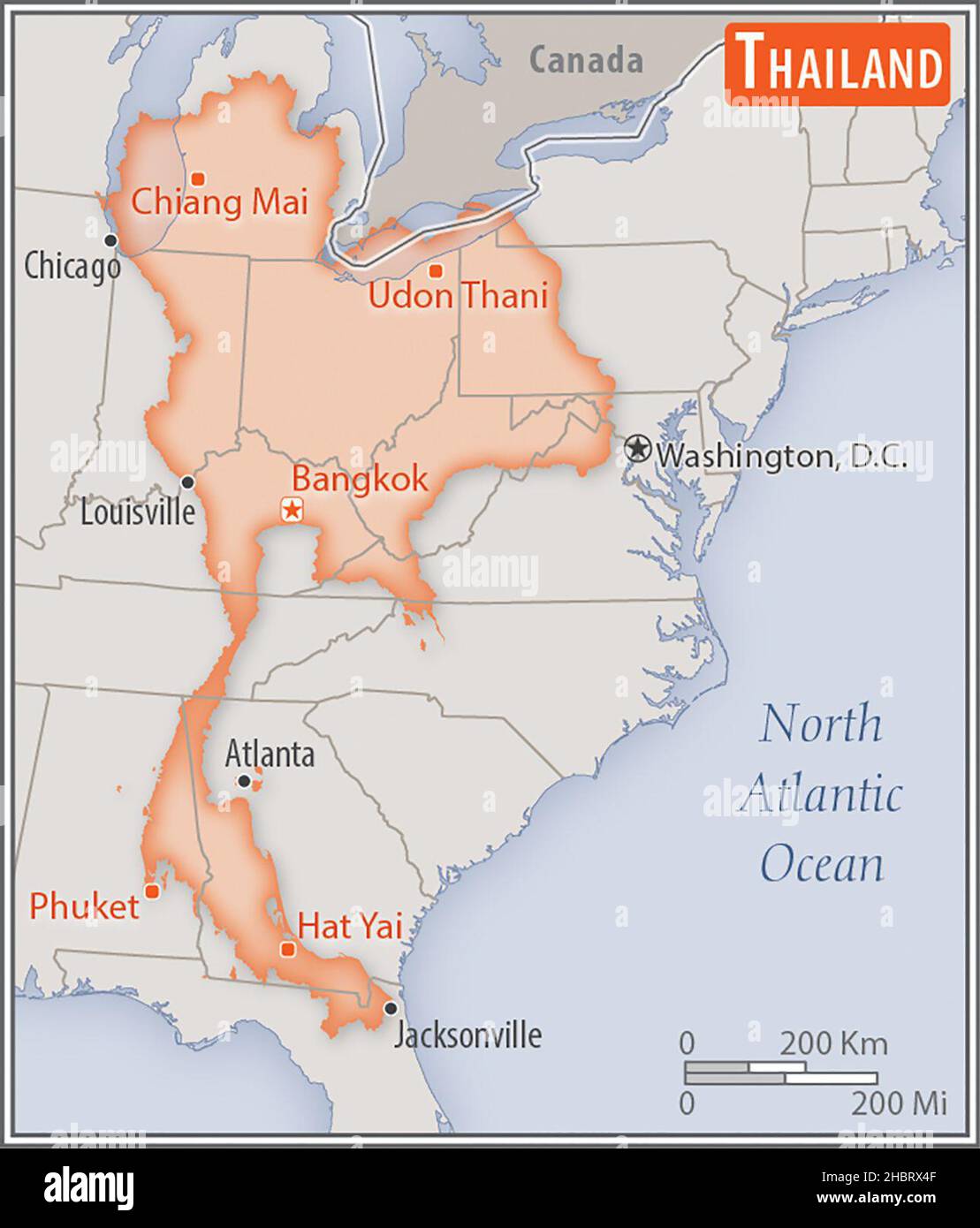 Mappa della Thailandia. Confronto delle aree di due paesi. L'area della Thailandia con le città più grandi (rosso) sovrappone l'area degli Stati Uniti d'America (sfondo grigio) ca. 17 febbraio 2014 Foto Stock