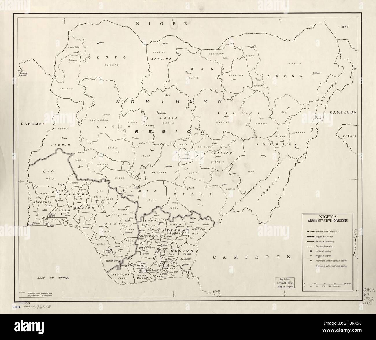 Mappa delle divisioni amministrative della Nigeria ca. 1962 Foto Stock