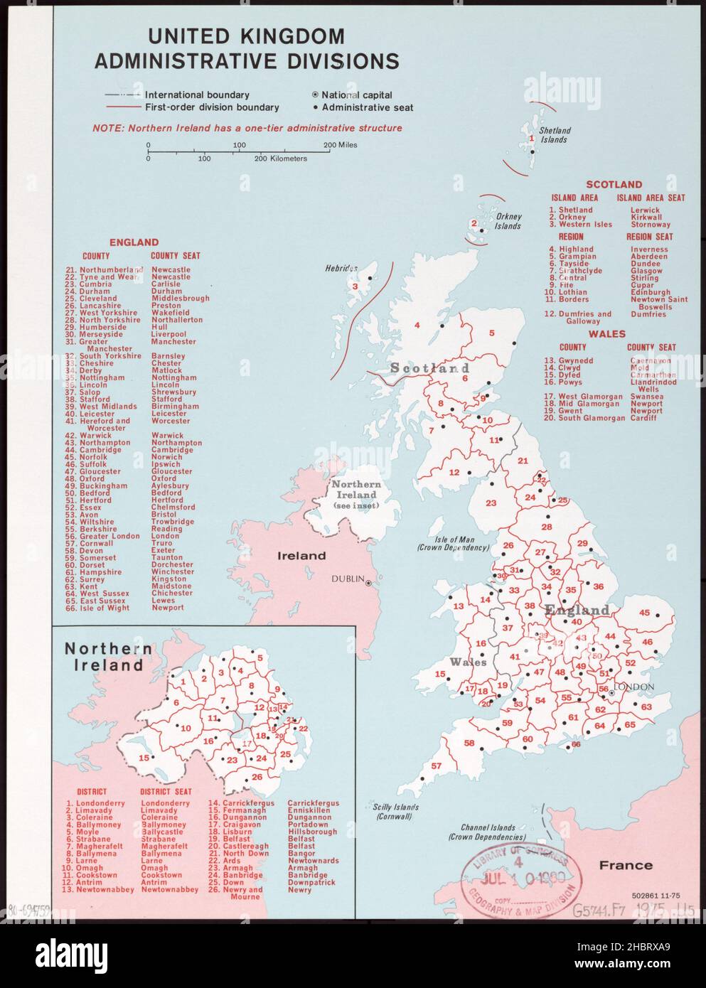 Carta delle divisioni amministrative del Regno Unito ca. 1975 Foto Stock