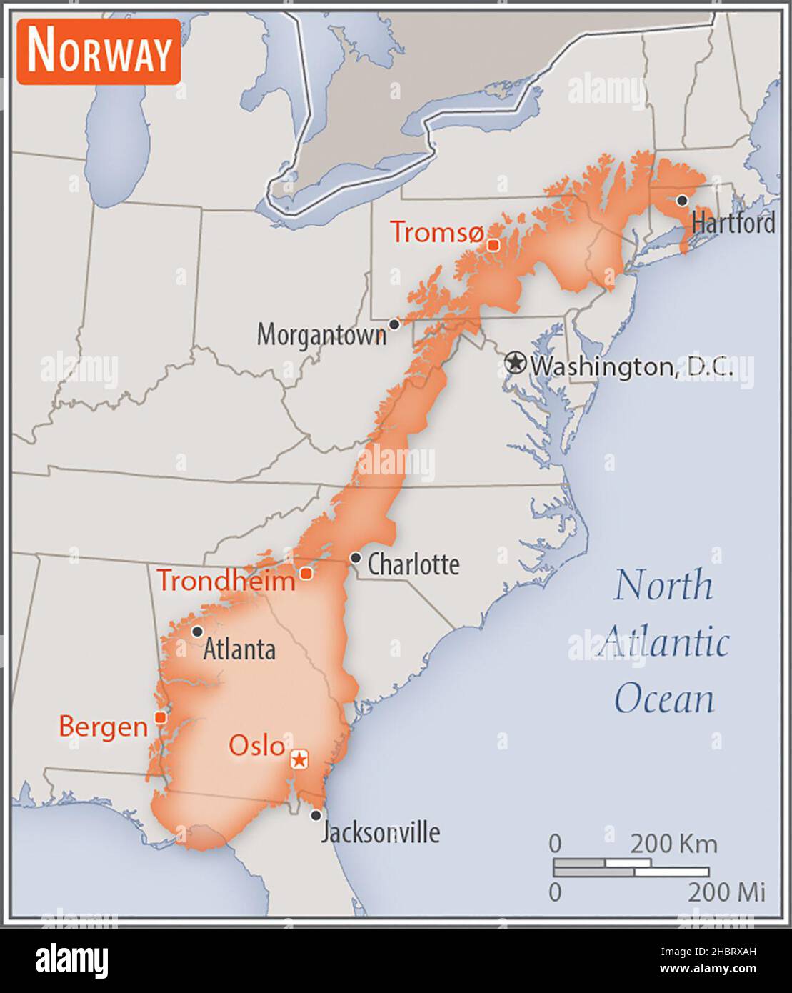 Mappa della Norvegia. Confronto delle aree di due paesi. L'area della Norvegia con le città più grandi (rossa) si sovrappone all'area degli Stati Uniti d'America (sfondo grigio) ca. 17 febbraio 2014 Foto Stock