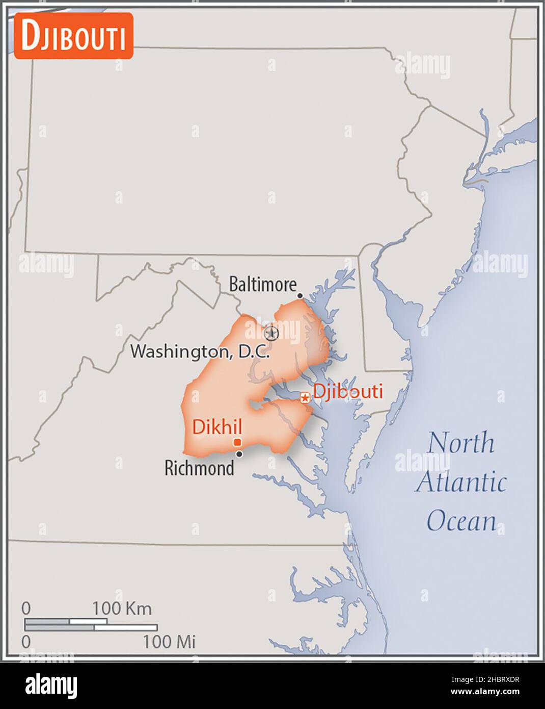 Mappa di Gibuti. Confronto delle aree di due paesi. L'area di Gibuti con le città più grandi (rosso) sovrappone l'area degli Stati Uniti d'America (sfondo grigio) ca. 17 febbraio 2014 Foto Stock