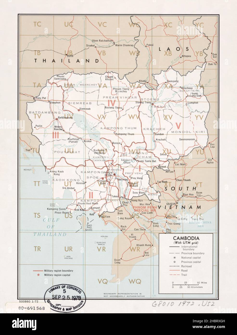 Mappa della Cambogia che mostra le regioni militari con UTM Grid ca. 1972 Foto Stock