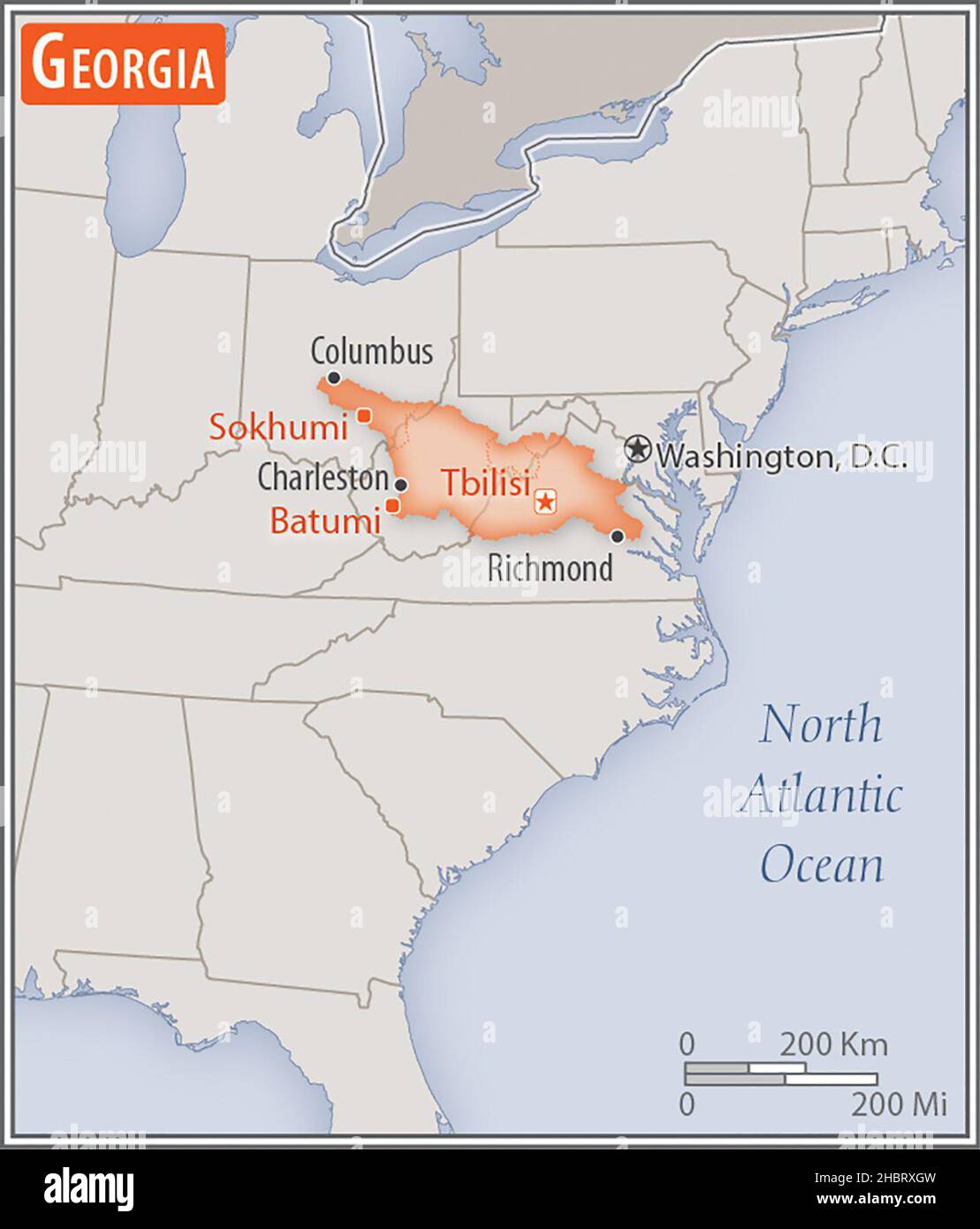 Mappa della Georgia. Confronto delle aree di due paesi. L'area della Georgia con le città più grandi (rossa) si sovrappone all'area degli Stati Uniti d'America (sfondo grigio) ca. 17 febbraio 2014 Foto Stock