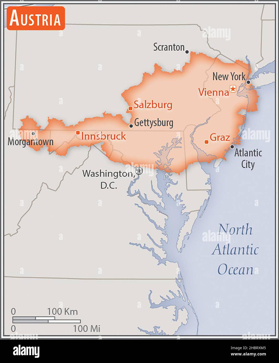 Mappa dell'Austria. Confronto delle aree di due paesi. L'area dell'Austria con le città più grandi (rossa) si sovrappone all'area degli Stati Uniti d'America (sfondo grigio). CA. 17 febbraio 2014 Foto Stock