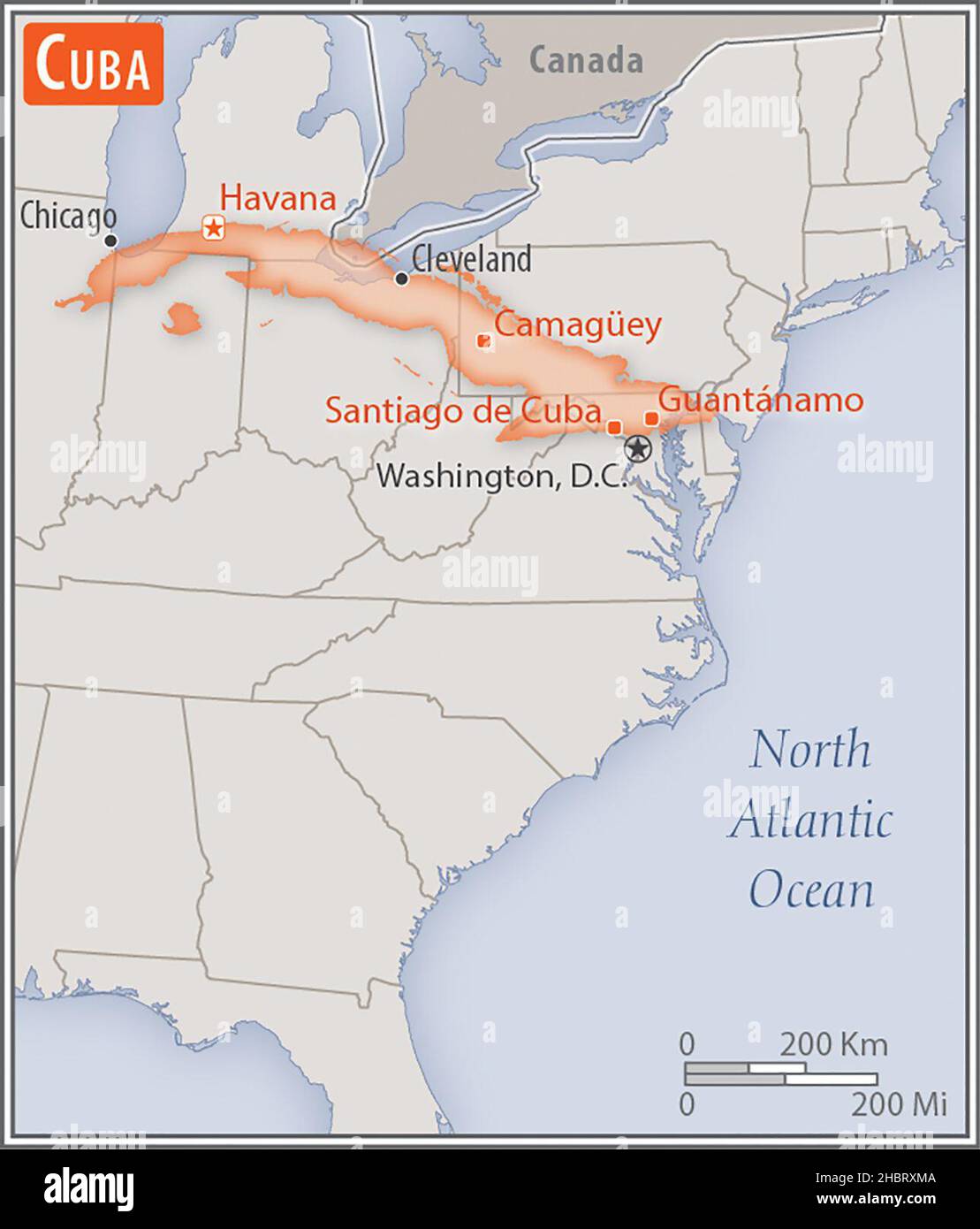 Mappa di Cuba. Confronto delle aree di due paesi. L'area di Cuba con le città più grandi (rosso) si sovrappone all'area degli Stati Uniti d'America (sfondo grigio ca. 17 febbraio 2014 Foto Stock