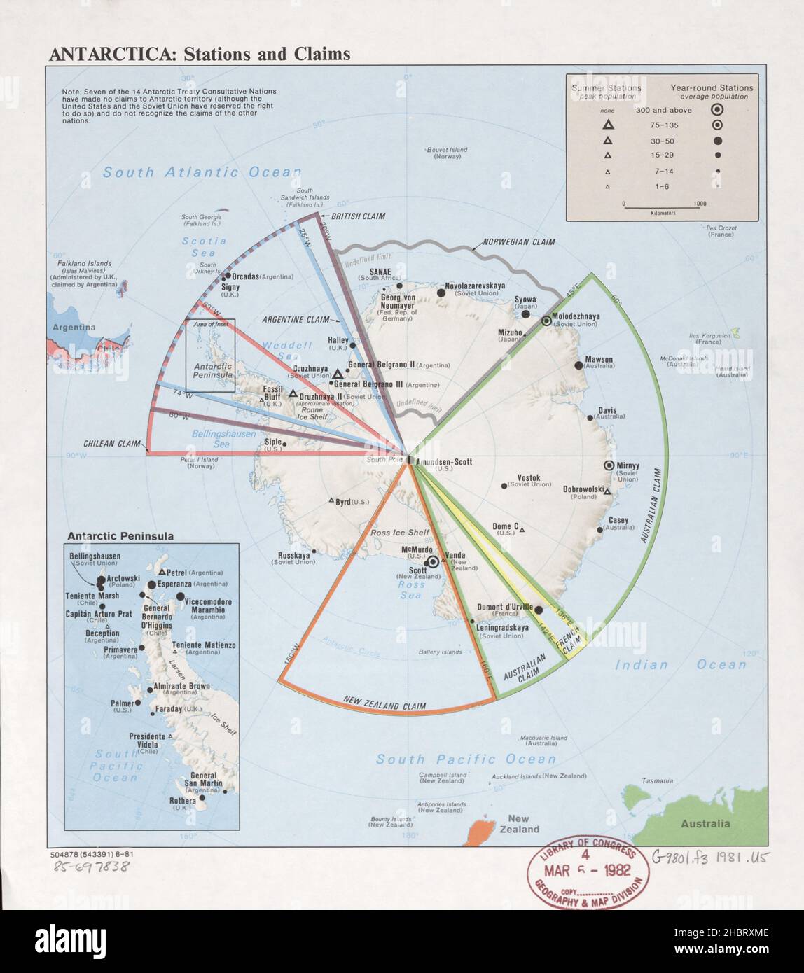 Mappa delle stazioni antartiche e dei reclami ca. 1981 Foto Stock